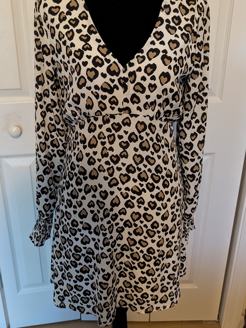 Blue Rain Cream and Brown Leopard-Print V‑Neck Dress